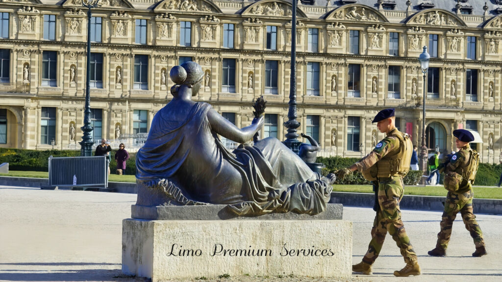 A French Army solider touching a sculpture lovingly in the Tuileries Gardens