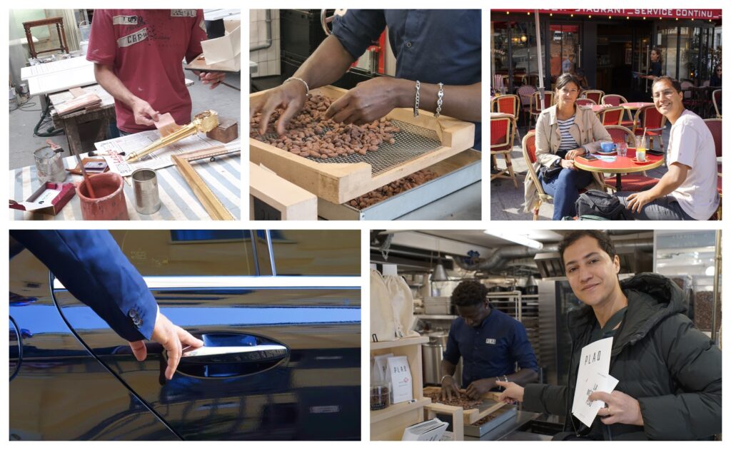 Collage of pictures of hidden workshops for gold leaves and chocolate lab in Paris with MATAHAFI